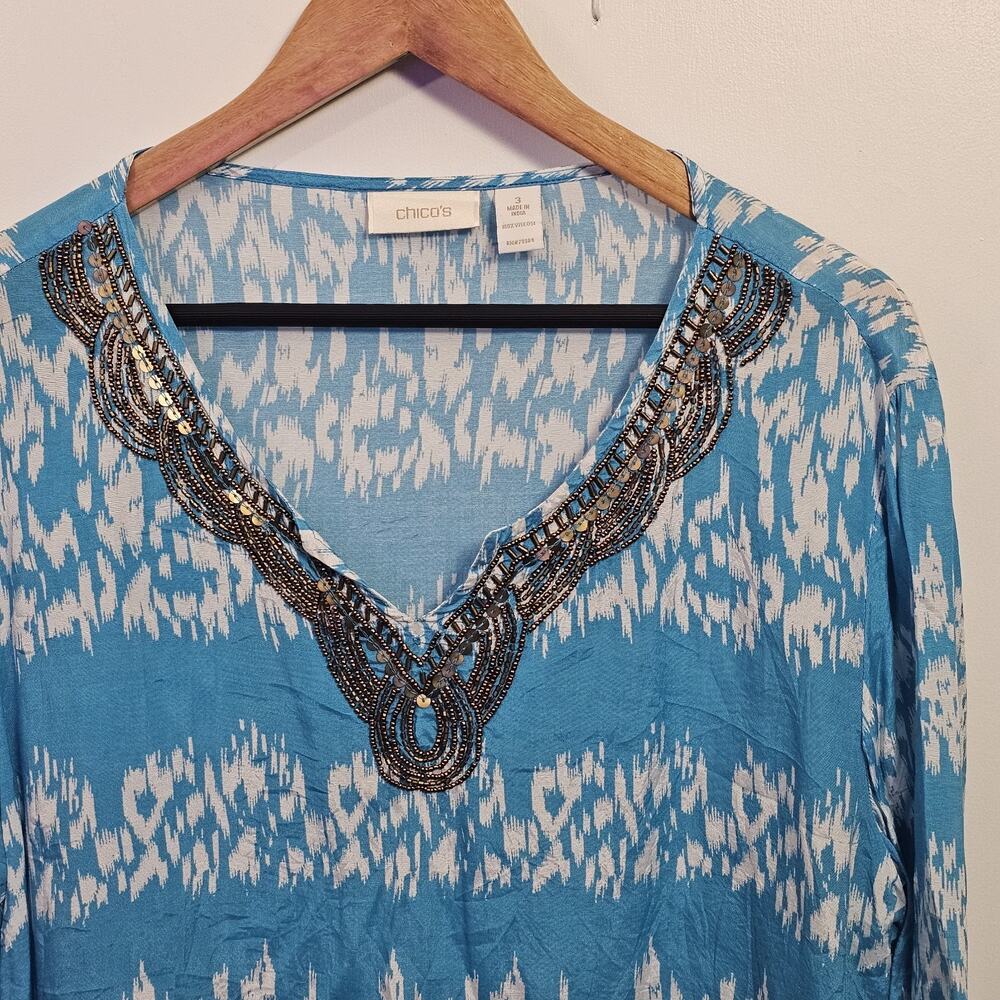 Chico's Beaded Neckline Tunic Top Blue White Patterned Size XL Vacation Resort